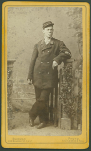 Portrait of a young man in Sandridge Volunteer Fire Brigade uniform by William J Burman. Ca 1876-77 John Etkins Collection, State Library of Victoria