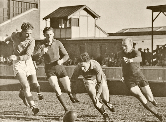 Sid Searle (2nd. left) and Jack Butcher (right) defend goal against Oakleigh at Port Melbourne 1947. Port won 20.21.141 to 16.22.118. Photo courtesy PMFC.