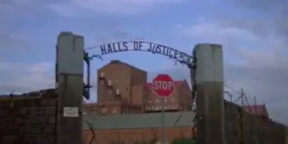 Still from Mad Max (1979) showing the Halls of Justice gateway.
