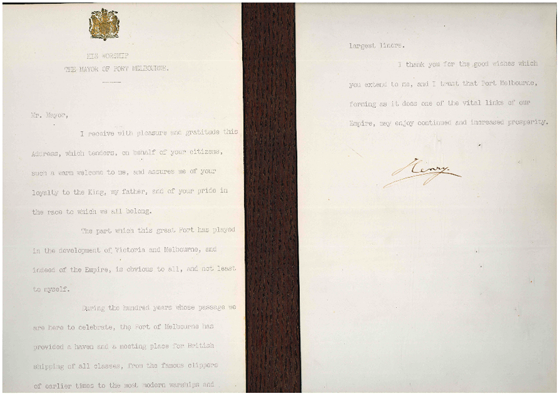 Signed copy of Prince Henry, Duke of Gloucester's speech on his arrival at Port Melbourne in 1934 for the Victorian Centenary. PMHPS Collection.