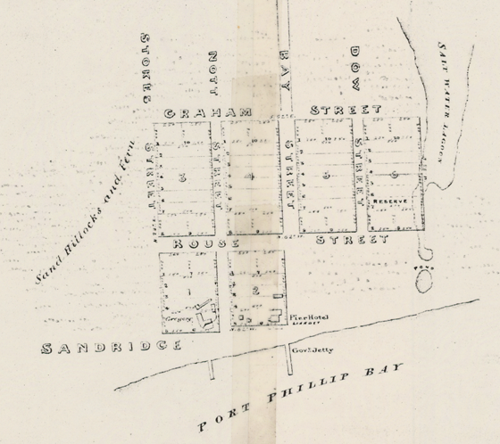 Detail, Plan of allotments marked at Sandridge in the parish of South Melbourne [cartographic material] / surveyed by Lindsay Clarke Assit. Surr., 1849. State Library of Victoria.