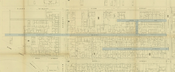 MMBW map from 1894 showing area around Albert and Alfred Streets, Port Melbourne.